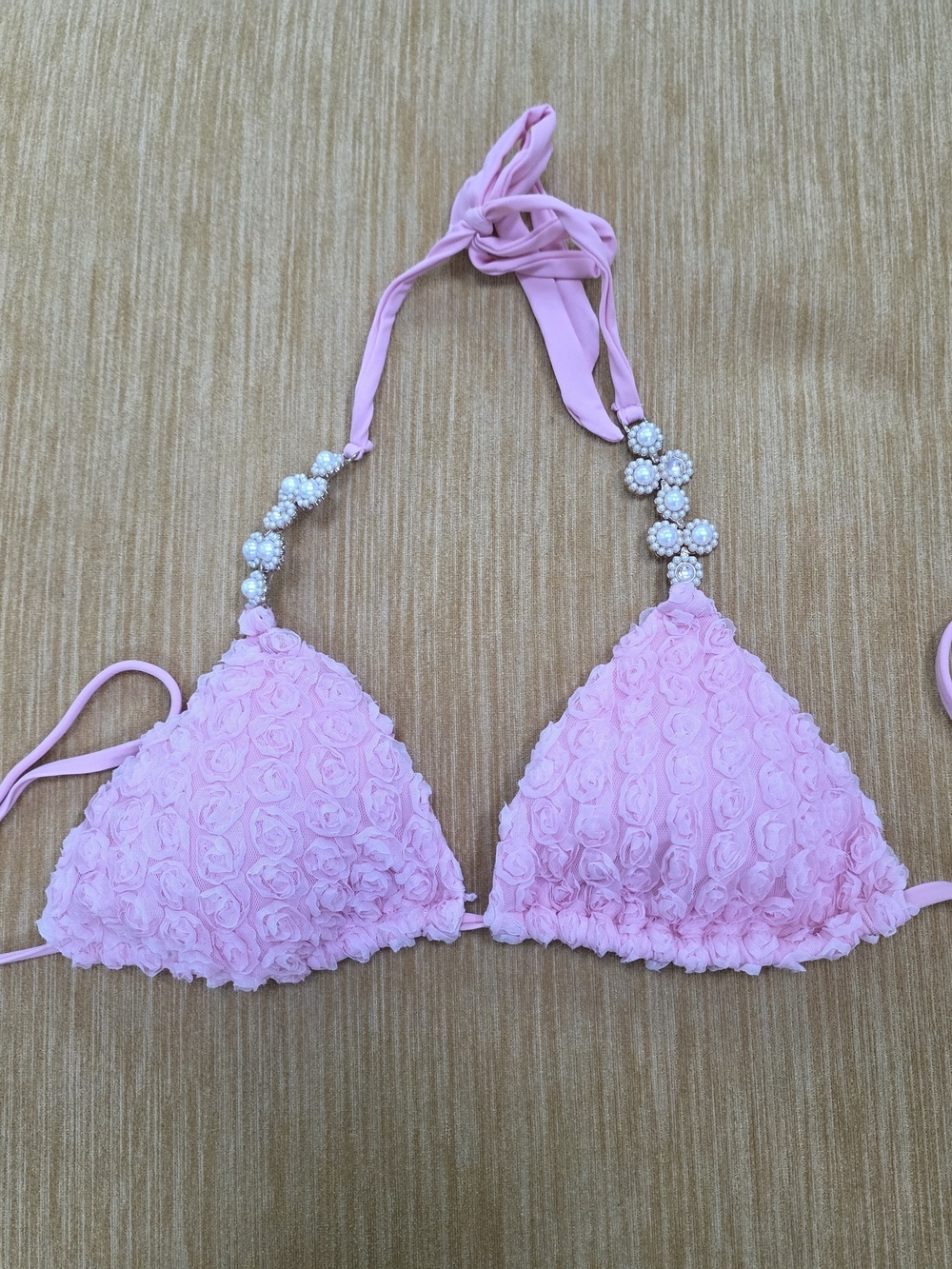 Pink Floral Rosette Triangle Bikini Top with Pearl Halter Accents Bahimi Medium